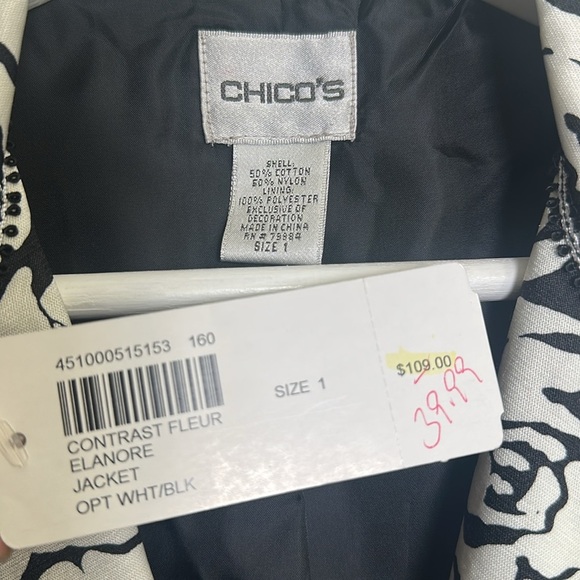 Chico’s Contrast Fleur Elanore Jacket White Black Floral Womens Size 1 NWT - Picture 7 of 12